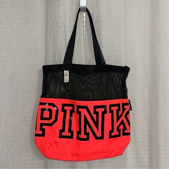 PINK Black Neon Coral Pink Canvas Mesh Tote Bag - Picture 1 of 8